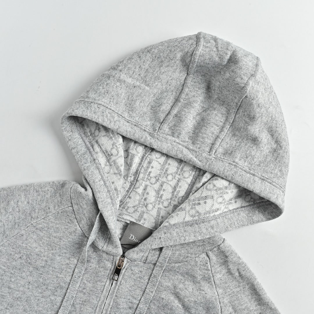 Dior CD Oblique Jacquard Lined Full-Zip Hoodie Sweatshirt - Light Grey