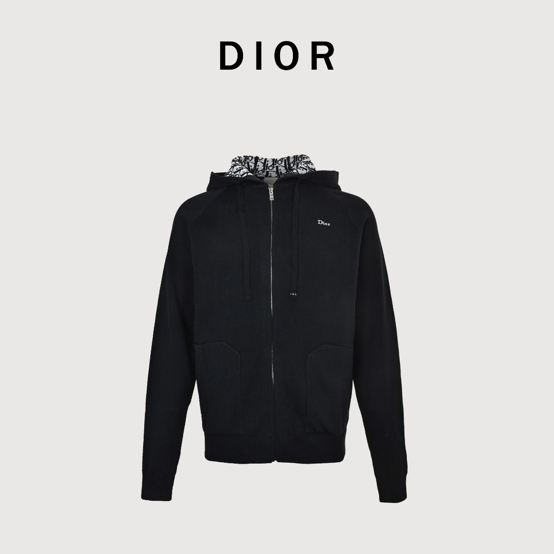 Dior CD Oblique Jacquard Lined Full-Zip Hoodie Sweatshirt - Black