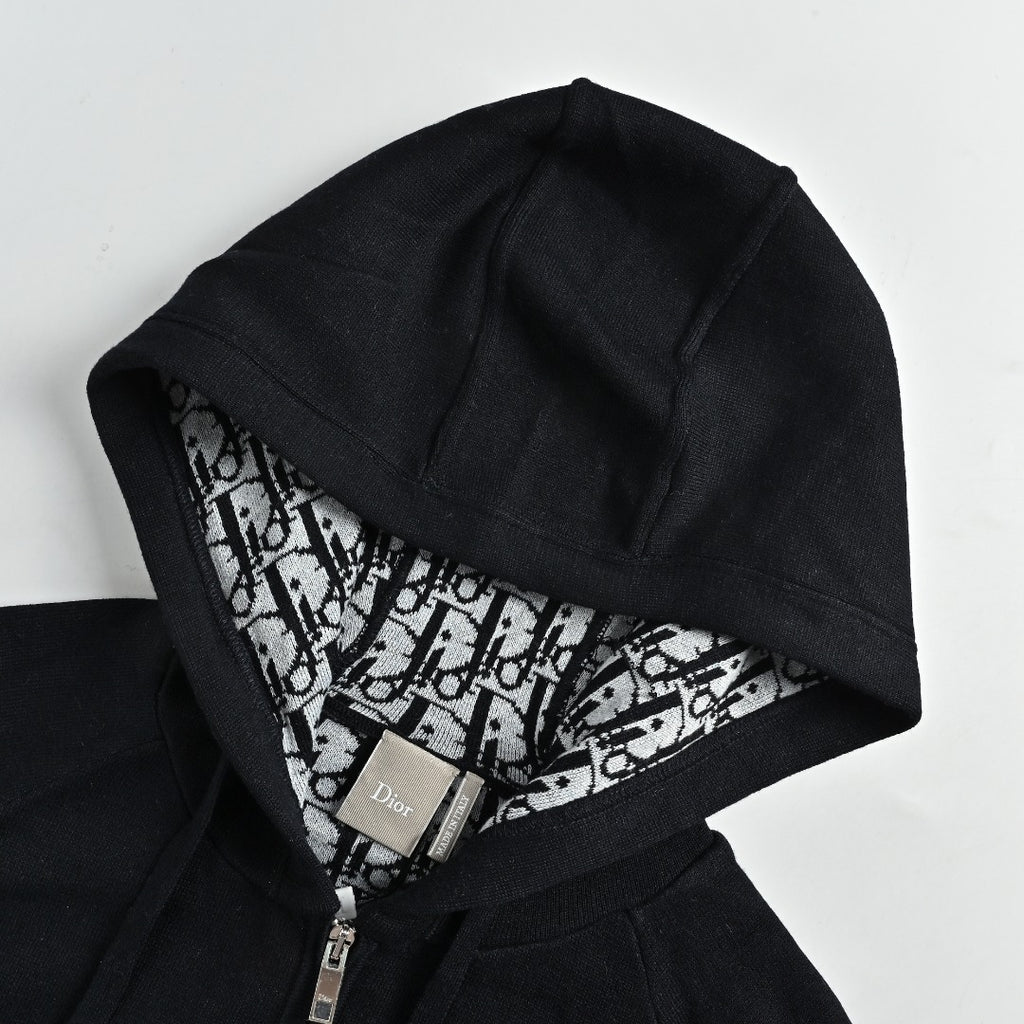Dior CD Oblique Jacquard Lined Full-Zip Hoodie Sweatshirt - Black