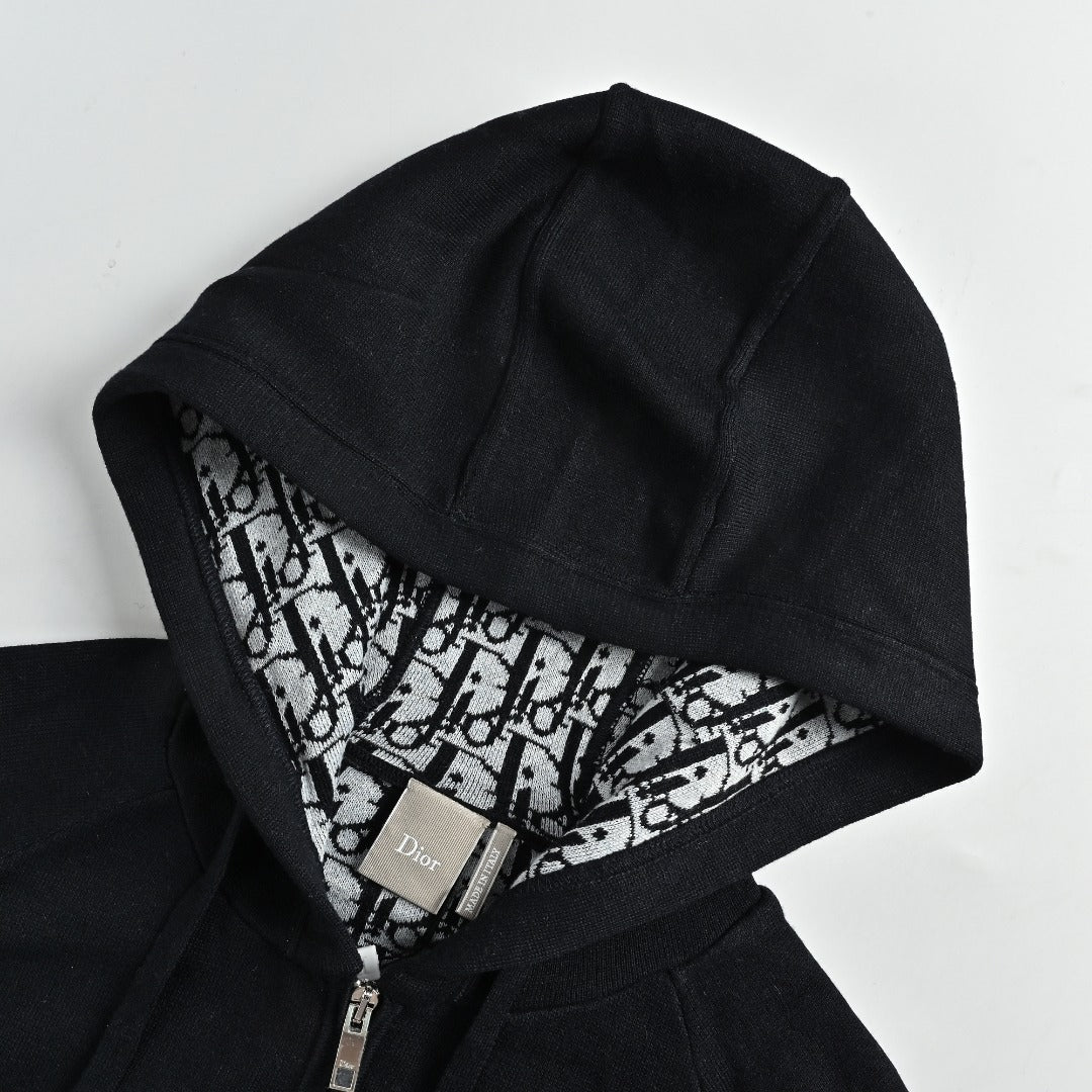 Dior CD Oblique Jacquard Lined Full-Zip Hoodie Sweatshirt - Black