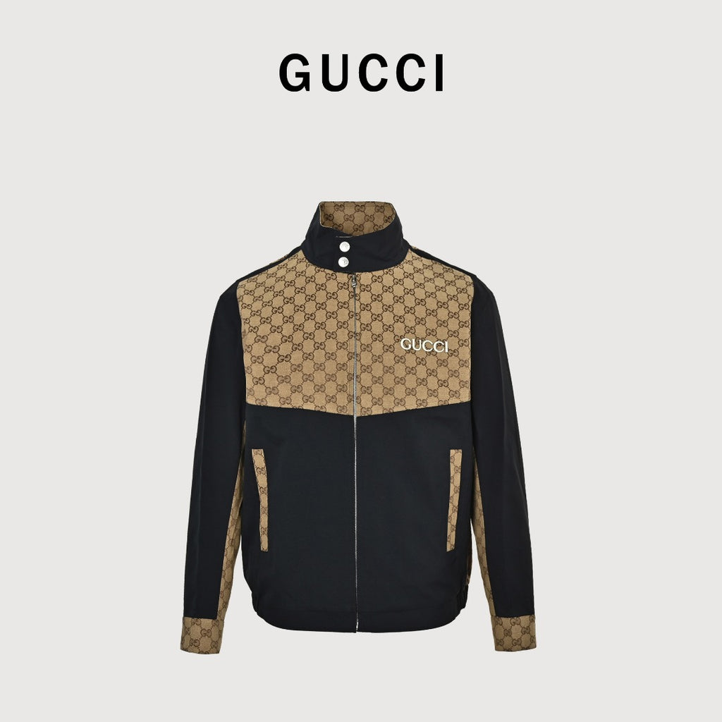 Gucci Vintage GG Supreme Patchwork Stand Collar Zip Jacket - Black Tan