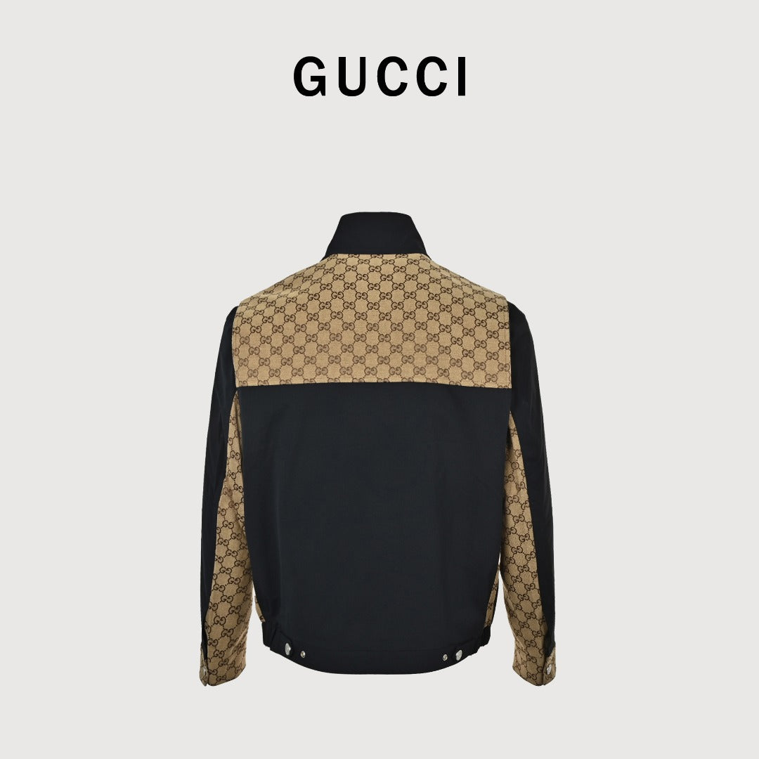 Gucci Vintage GG Supreme Patchwork Stand Collar Zip Jacket - Black Tan