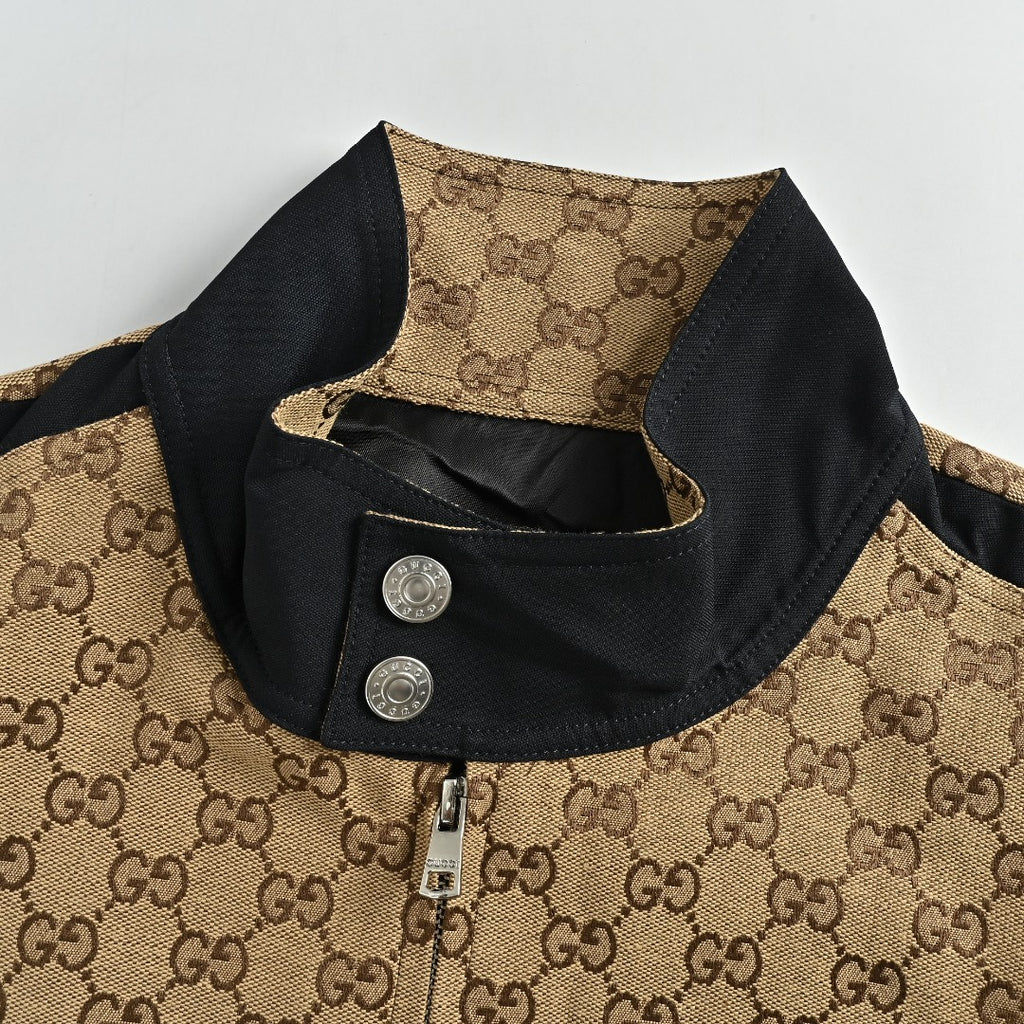 Gucci Vintage GG Supreme Patchwork Stand Collar Zip Jacket - Black Tan