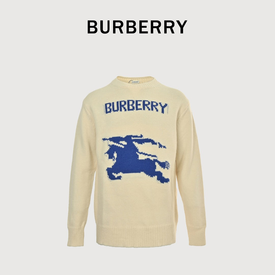 Burberry Equestrian Knight Blue Label Cashmere Jacquard Crewneck Sweater - Ivory