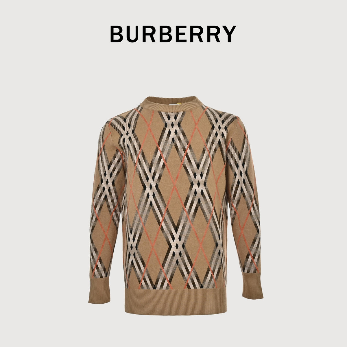 Burberry 25FW Diagonal Check Intarsia Crewneck Knit Sweater - Camel
