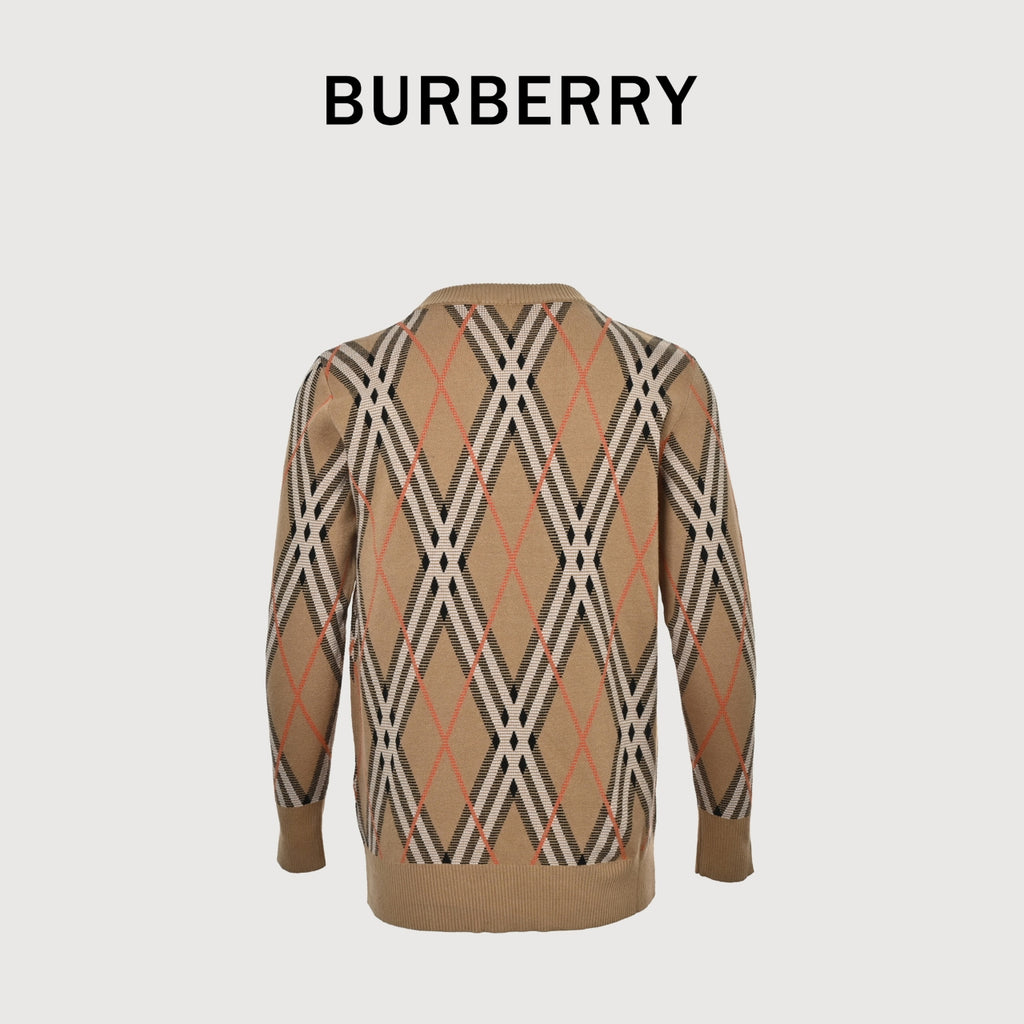 Burberry 25FW Diagonal Check Intarsia Crewneck Knit Sweater - Camel
