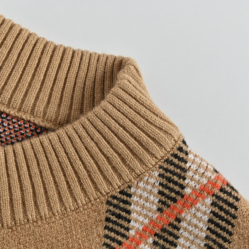 Burberry 25FW Diagonal Check Intarsia Crewneck Knit Sweater - Camel