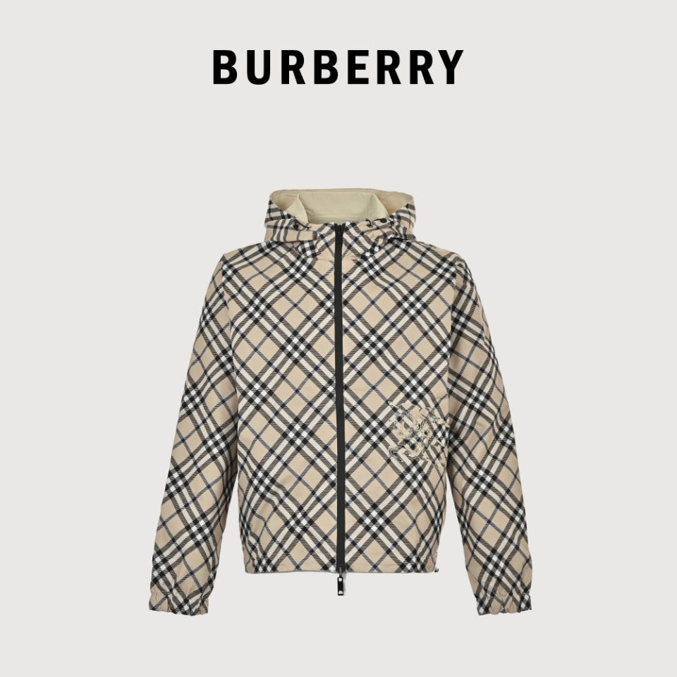 Burberry 24SS Equestrian Knight Check Reversible Hooded Jacket - Black