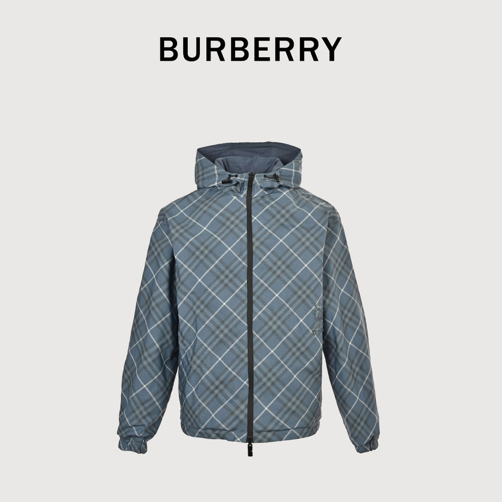 Burberry 24SS Diamond Argyle Check Equestrian Knight Reversible Hooded Jacket - Slate Blue