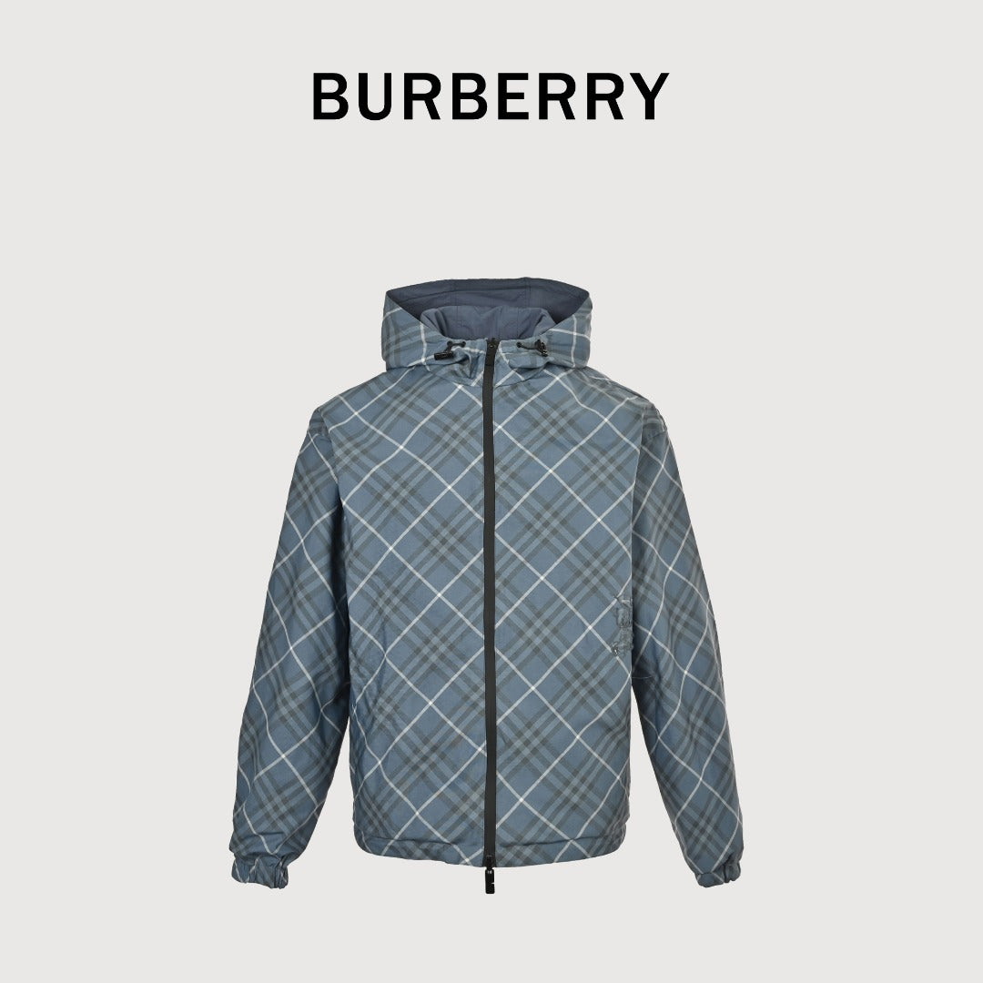 Burberry 24SS Diamond Argyle Check Equestrian Knight Reversible Hooded Jacket - Slate Blue