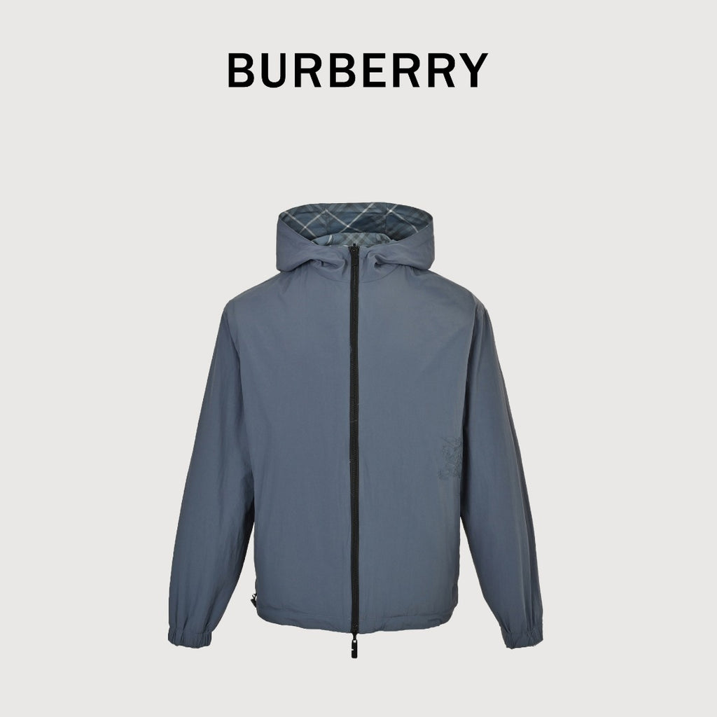 Burberry 24SS Diamond Argyle Check Equestrian Knight Reversible Hooded Jacket - Slate Blue