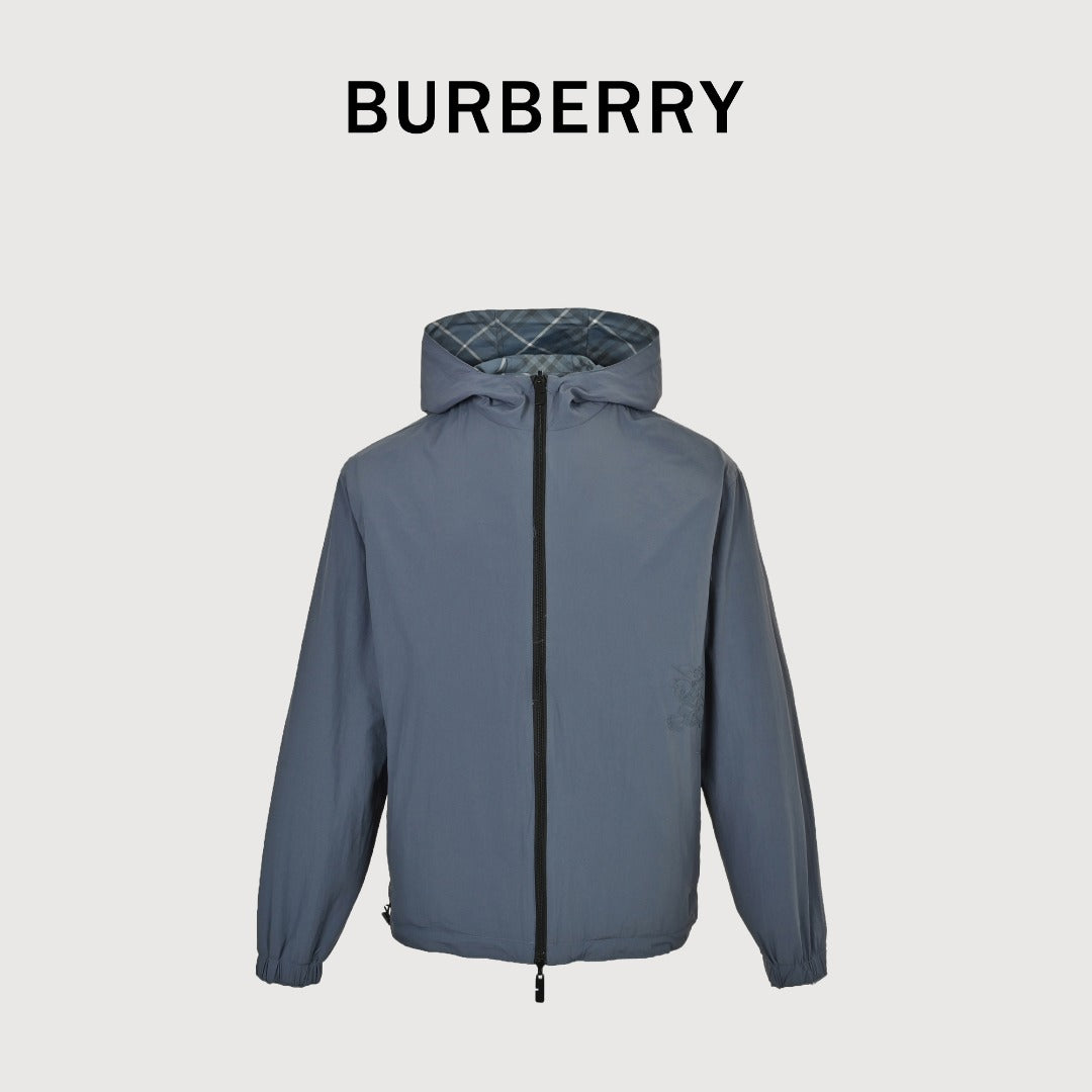 Burberry 24SS Diamond Argyle Check Equestrian Knight Reversible Hooded Jacket - Slate Blue