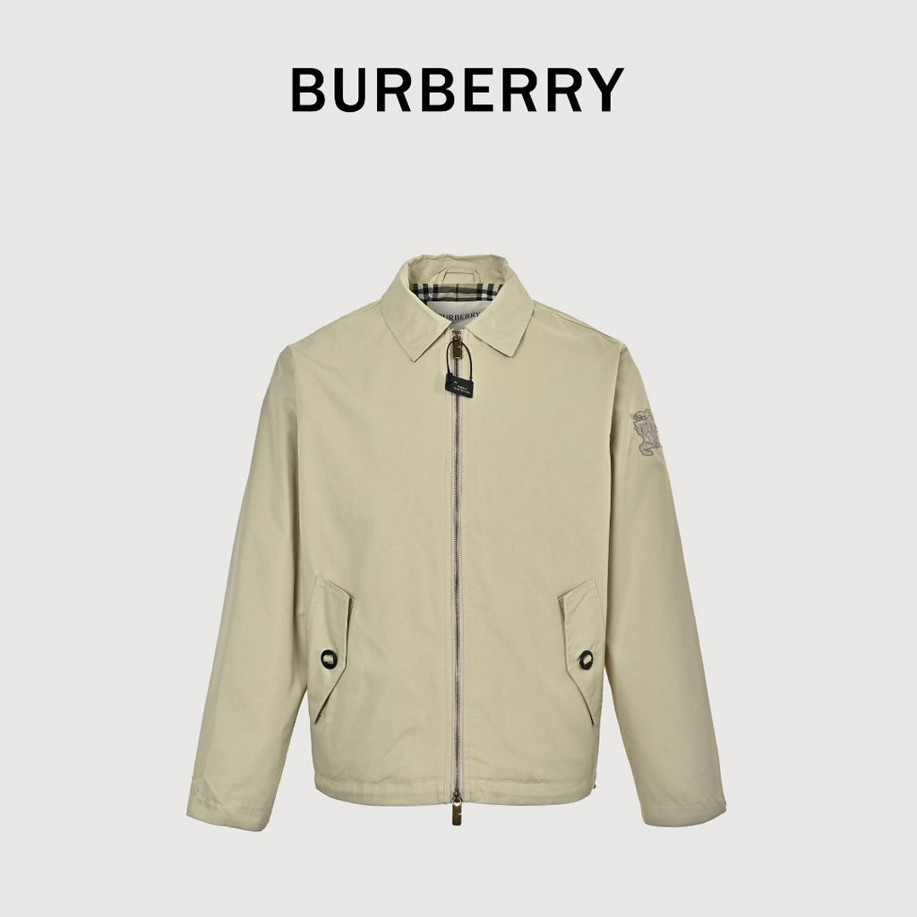 Burberry BBR 26SS Equestrian Knight Sleeve Embroidered Collared Zip Jacket – Stone