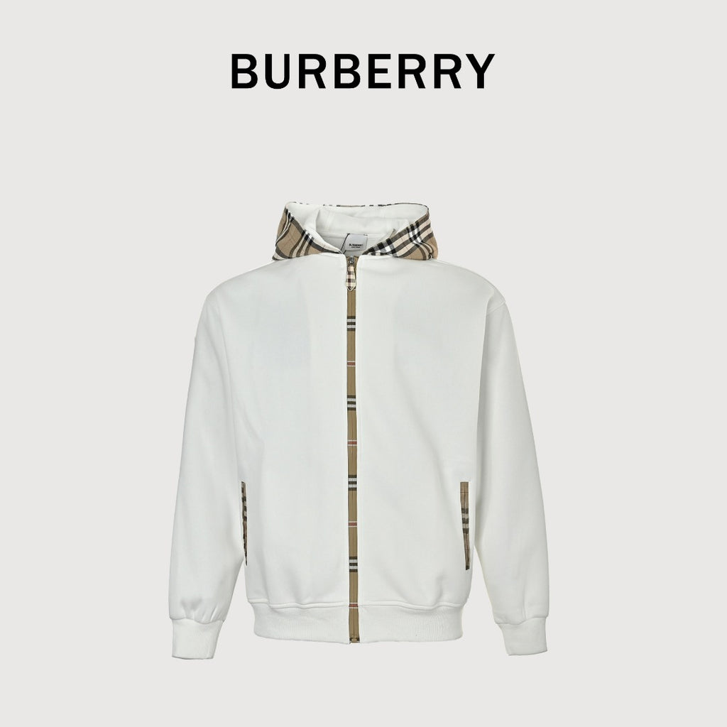 Burberry Equestrian Knight Vintage Check Splice Zip Hoodie Jacket – White