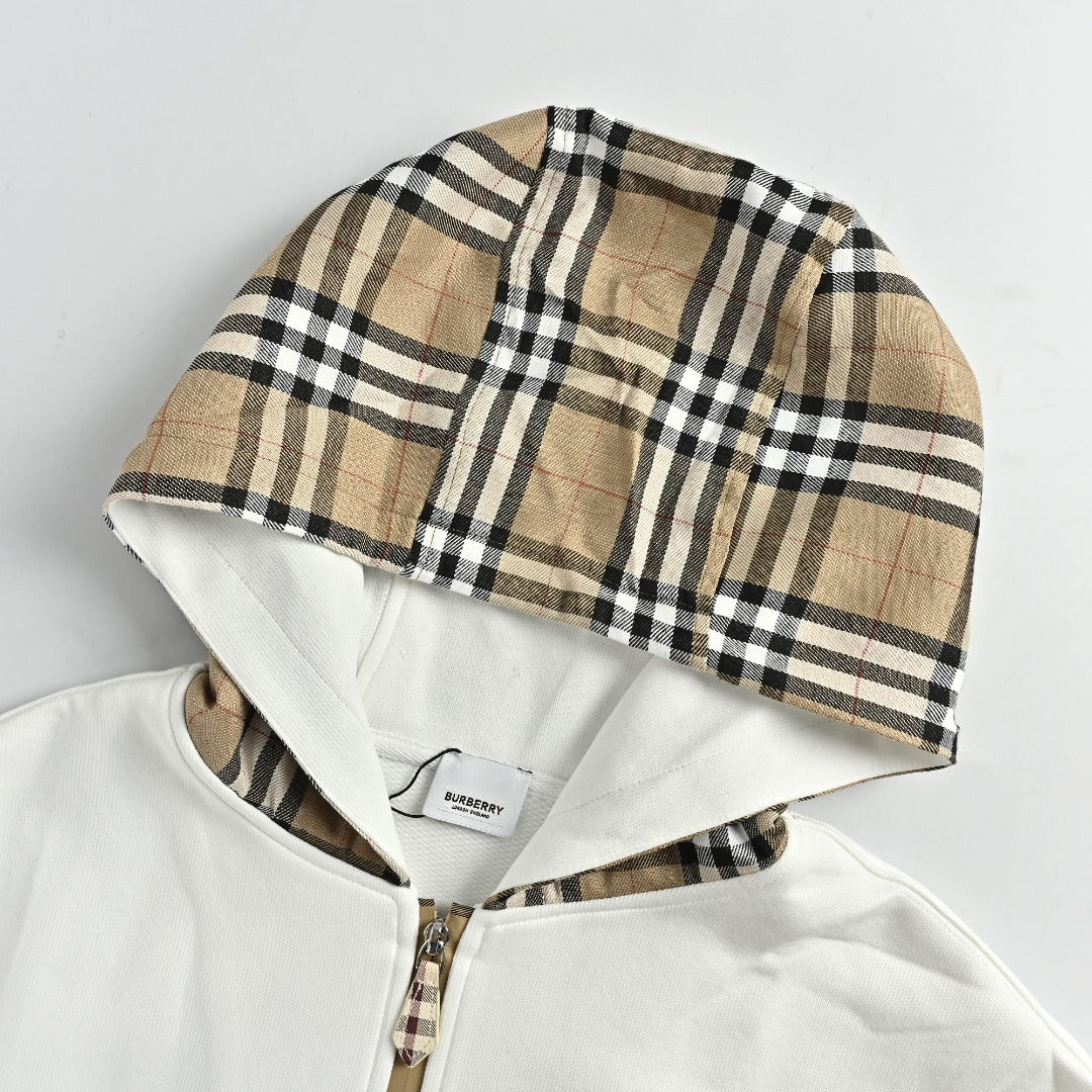 Burberry Equestrian Knight Vintage Check Splice Zip Hoodie Jacket – White