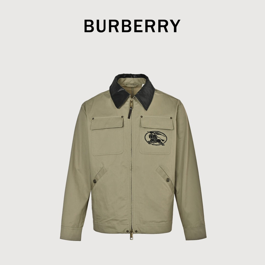 Burberry BBR Leather Collar Equestrian Knight Utility Pocket Zip Jacket – Khaki