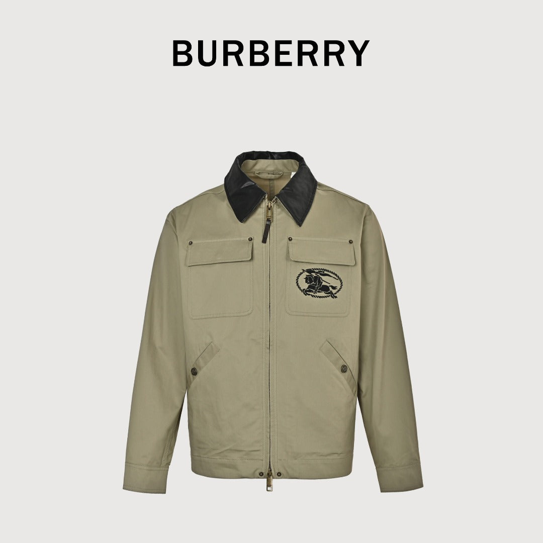 Burberry BBR Leather Collar Equestrian Knight Utility Pocket Zip Jacket – Khaki