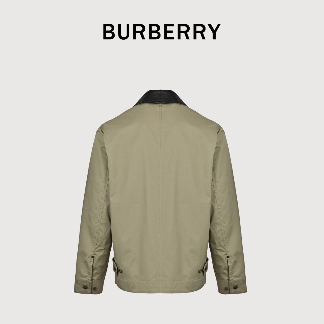 Burberry BBR Leather Collar Equestrian Knight Utility Pocket Zip Jacket – Khaki