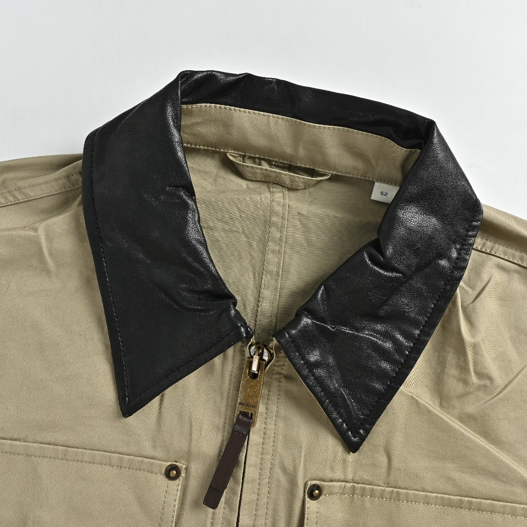 Burberry BBR Leather Collar Equestrian Knight Utility Pocket Zip Jacket – Khaki