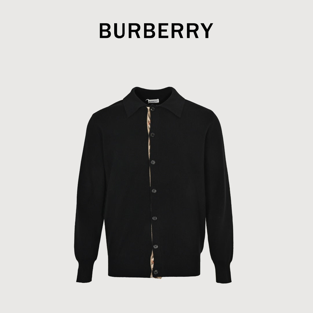 Burberry BBR Vintage Check Placket Wool Blend Cardigan – Black
