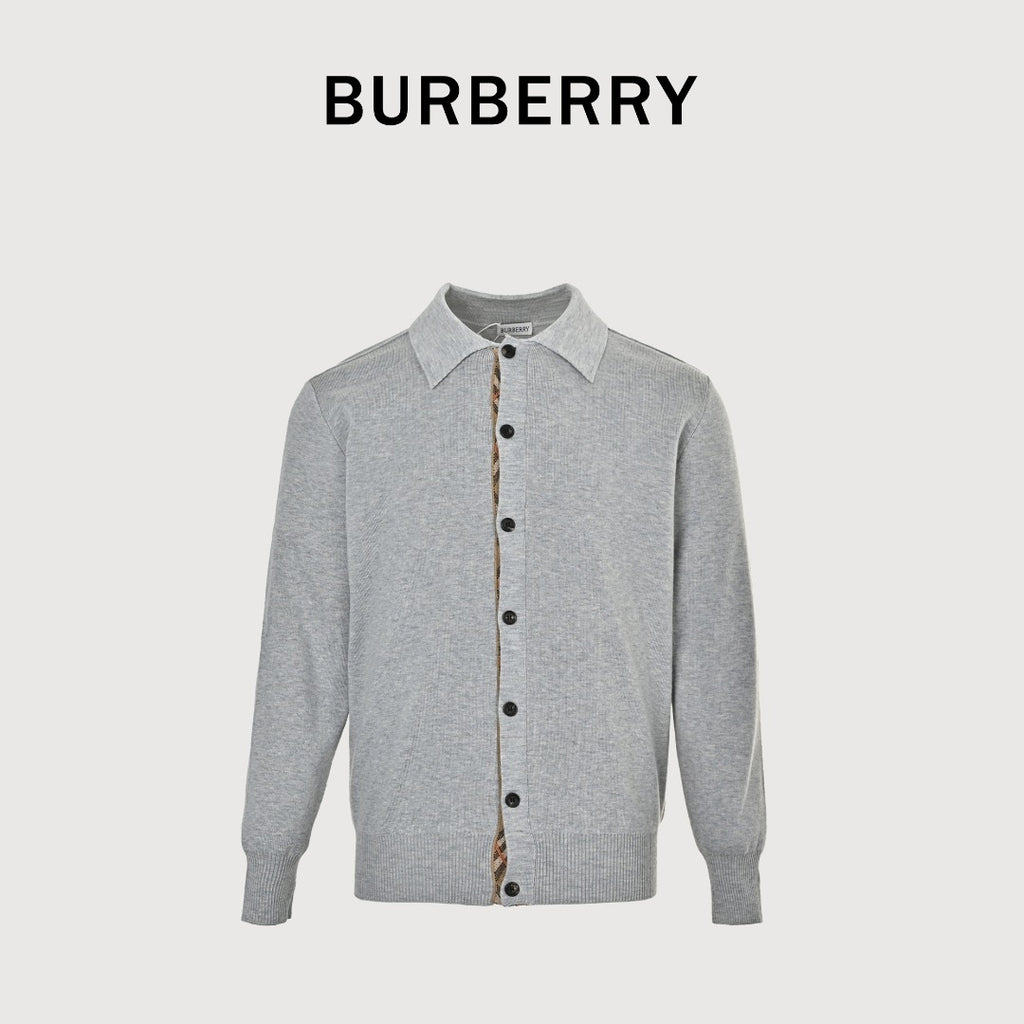 Burberry BBR Vintage Check Placket Wool Blend Cardigan – Grey