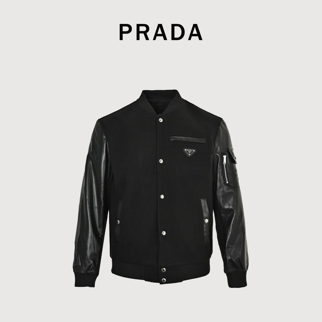 Prada Triangle Logo Leather Sleeve Varsity Bomber Jacket – Black