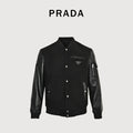 Prada Triangle Logo Leather Sleeve Varsity Bomber Jacket – Black