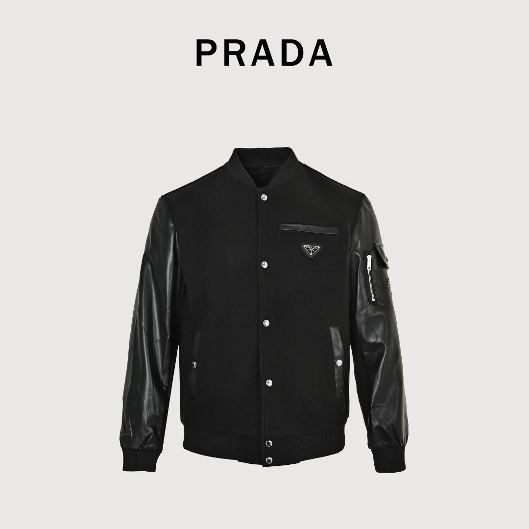 Prada Triangle Logo Leather Sleeve Varsity Bomber Jacket – Black