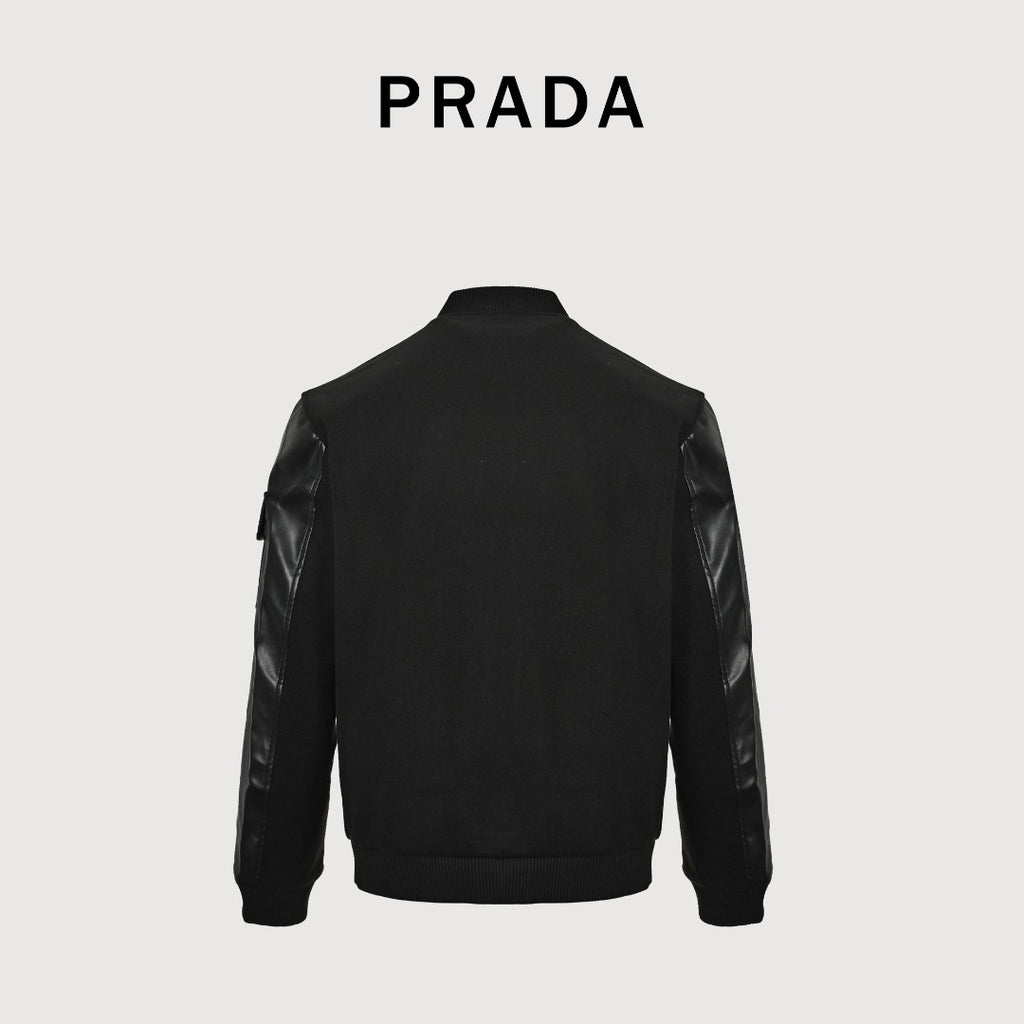 Prada Triangle Logo Leather Sleeve Varsity Bomber Jacket – Black