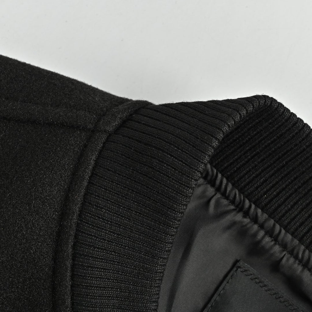 Prada Triangle Logo Leather Sleeve Varsity Bomber Jacket – Black