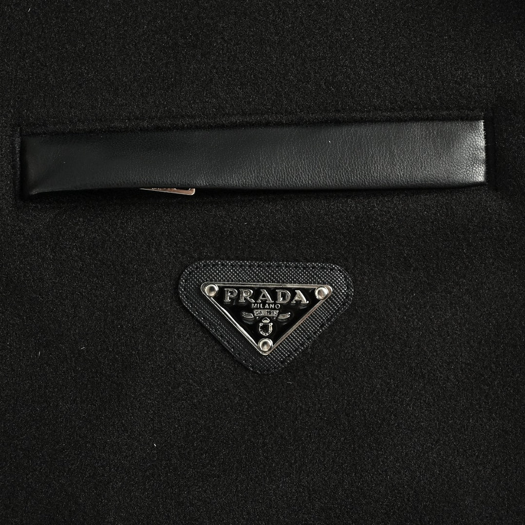 Prada Triangle Logo Leather Sleeve Varsity Bomber Jacket – Black
