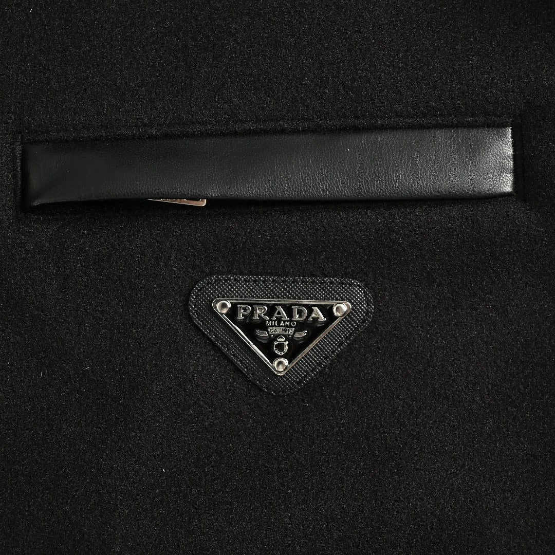 Prada Triangle Logo Leather Sleeve Varsity Bomber Jacket – Black