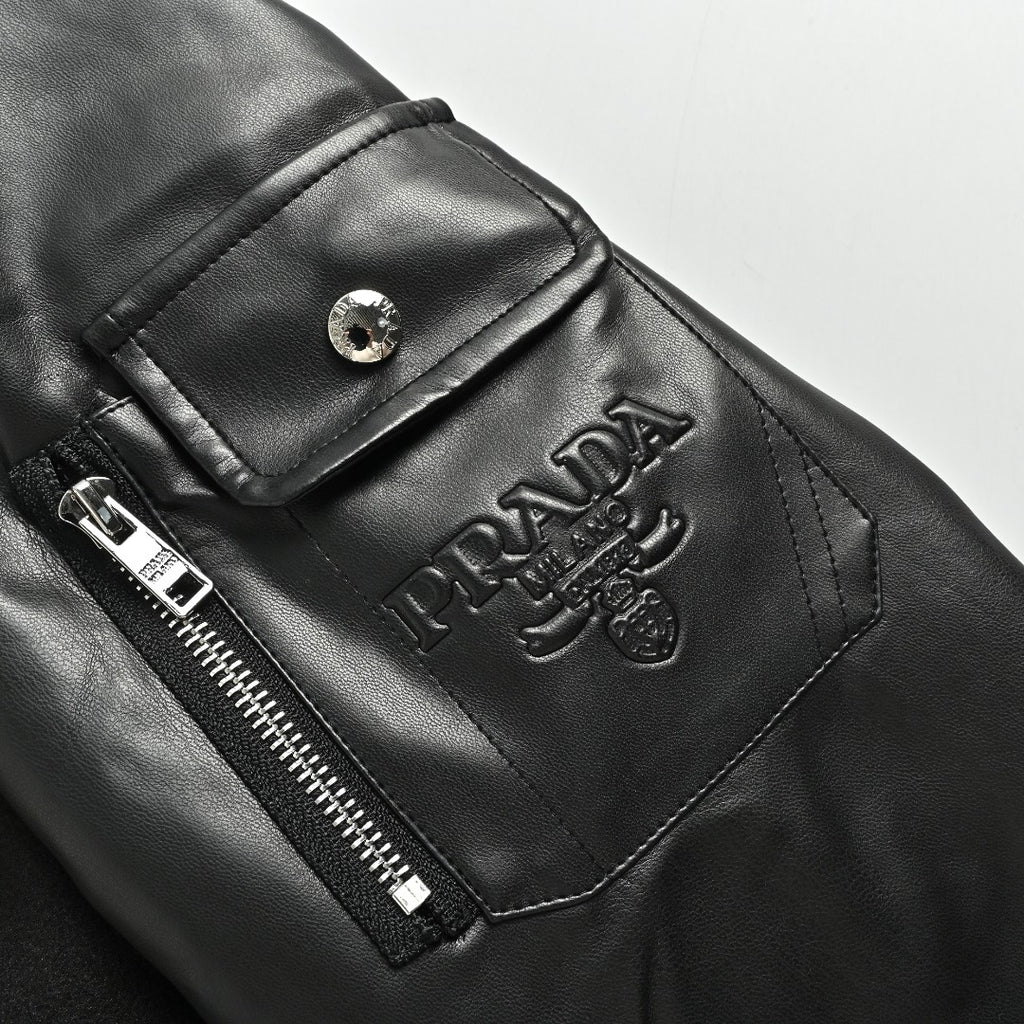 Prada Triangle Logo Leather Sleeve Varsity Bomber Jacket – Black