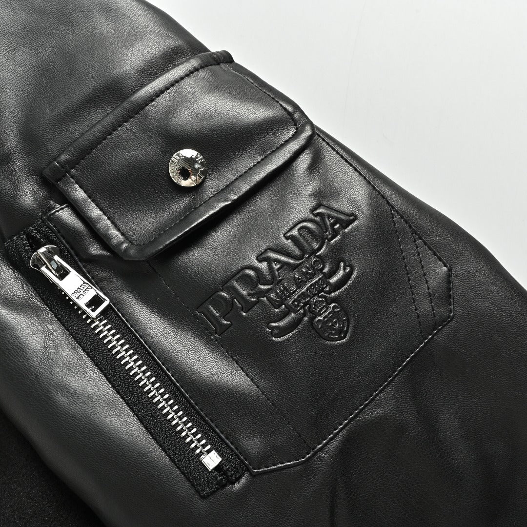 Prada Triangle Logo Leather Sleeve Varsity Bomber Jacket – Black