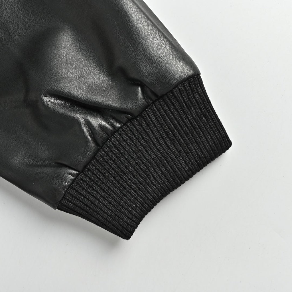 Prada Triangle Logo Leather Sleeve Varsity Bomber Jacket – Black