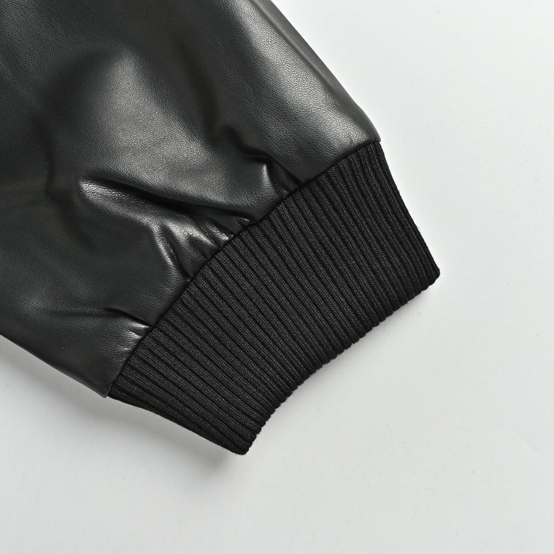 Prada Triangle Logo Leather Sleeve Varsity Bomber Jacket – Black