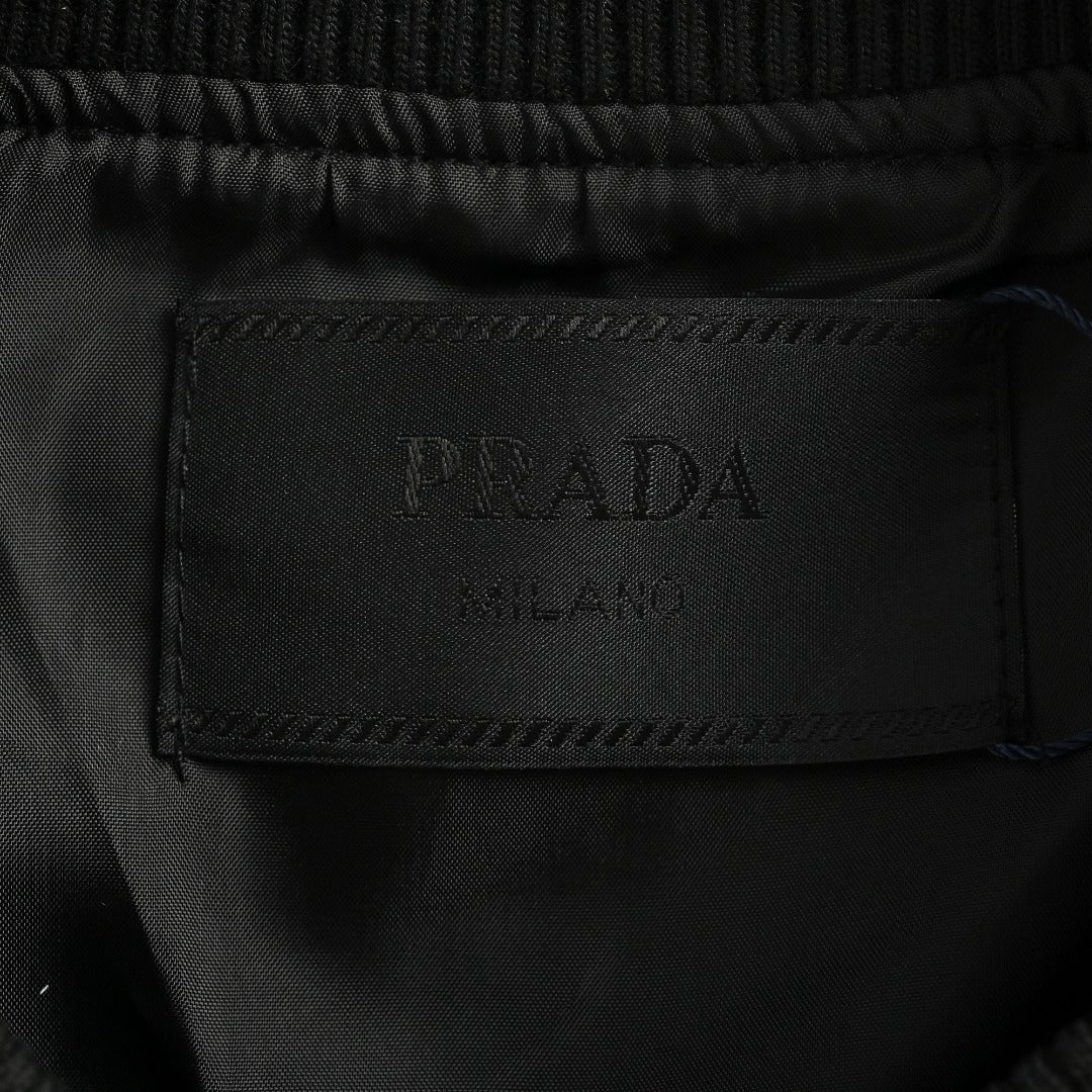 Prada Triangle Logo Leather Sleeve Varsity Bomber Jacket – Black