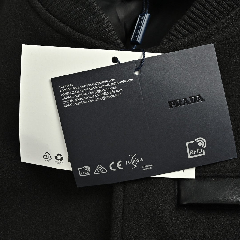 Prada Triangle Logo Leather Sleeve Varsity Bomber Jacket – Black