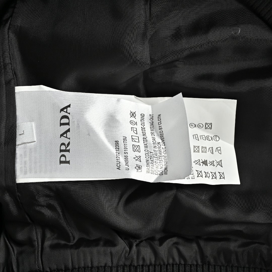 Prada Triangle Logo Leather Sleeve Varsity Bomber Jacket – Black