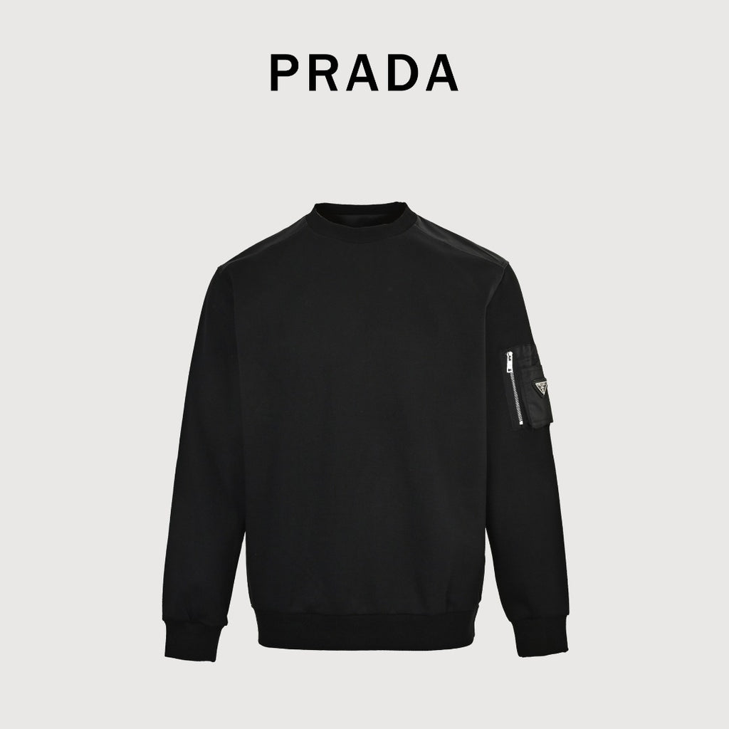 Prada Triangle Logo Sleeve Zip Pocket Crewneck Sweatshirt – Black