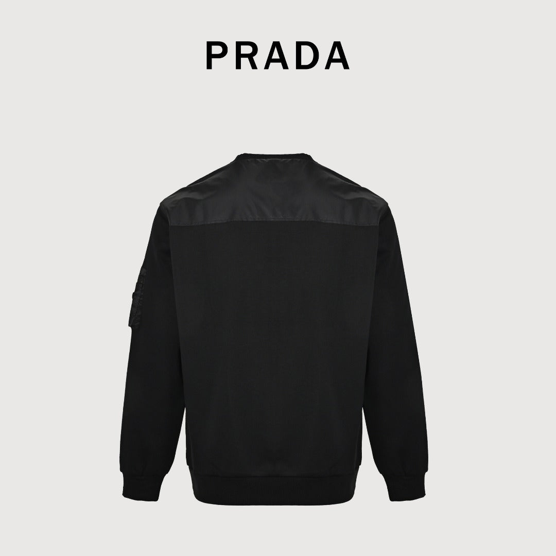 Prada Triangle Logo Sleeve Zip Pocket Crewneck Sweatshirt – Black