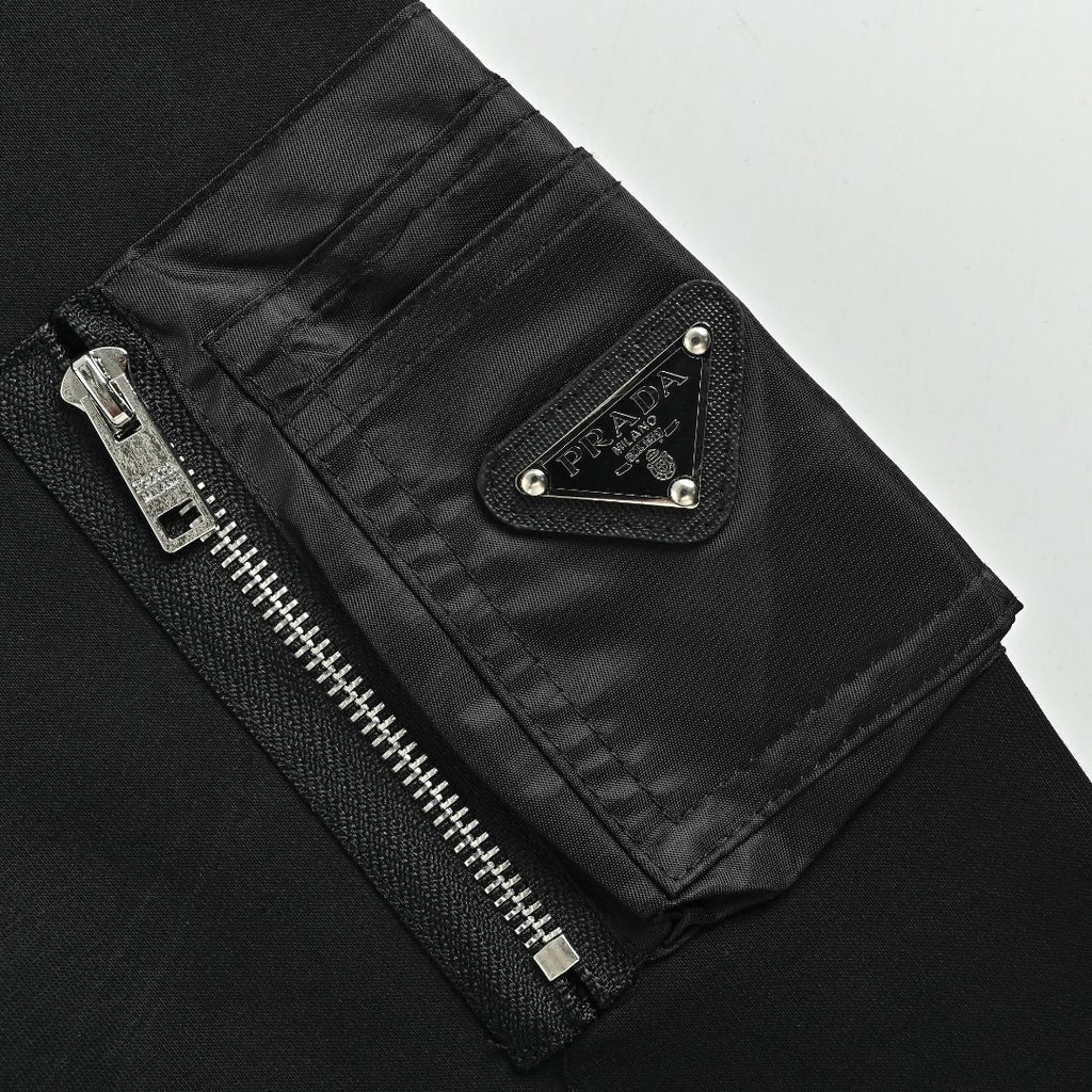 Prada Triangle Logo Sleeve Zip Pocket Crewneck Sweatshirt – Black