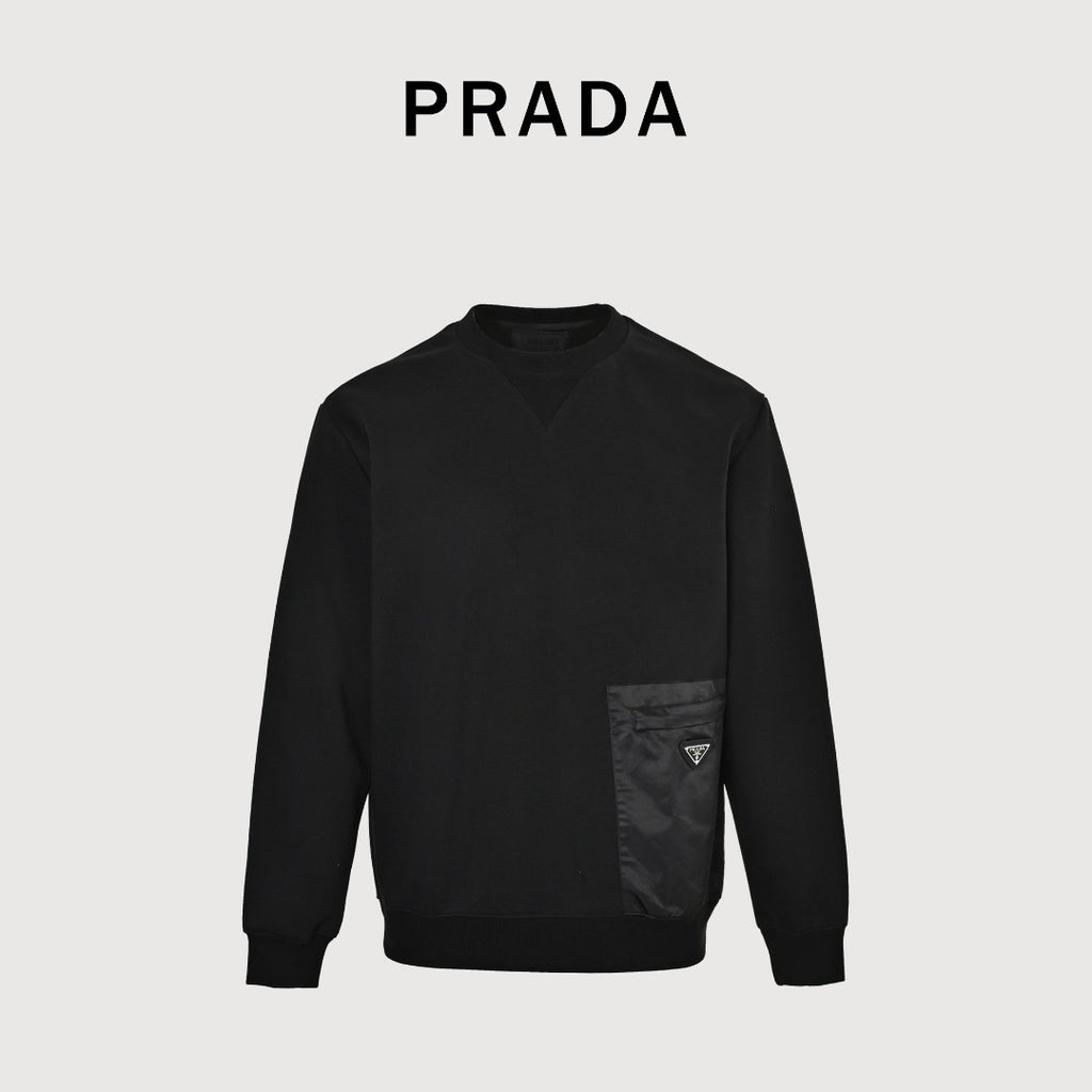 Prada Triangle Logo Nylon Chest Pocket Crewneck Sweatshirt – Black