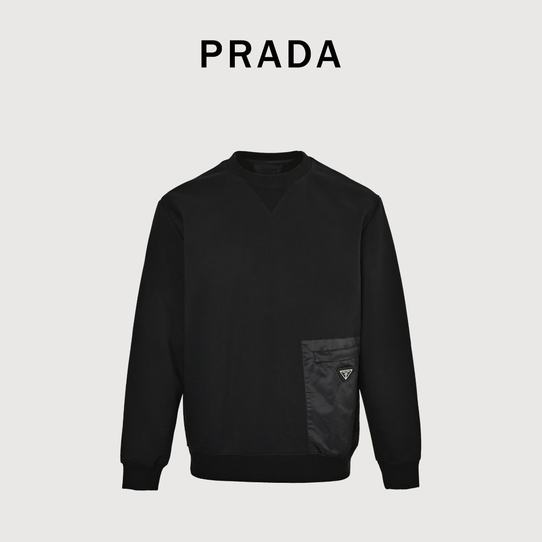 Prada Triangle Logo Nylon Chest Pocket Crewneck Sweatshirt – Black