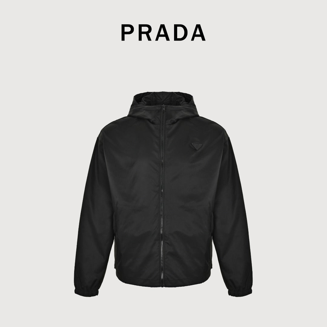 Prada PRD Two-Tone Triangle Logo Hooded Zip Jacket – Black