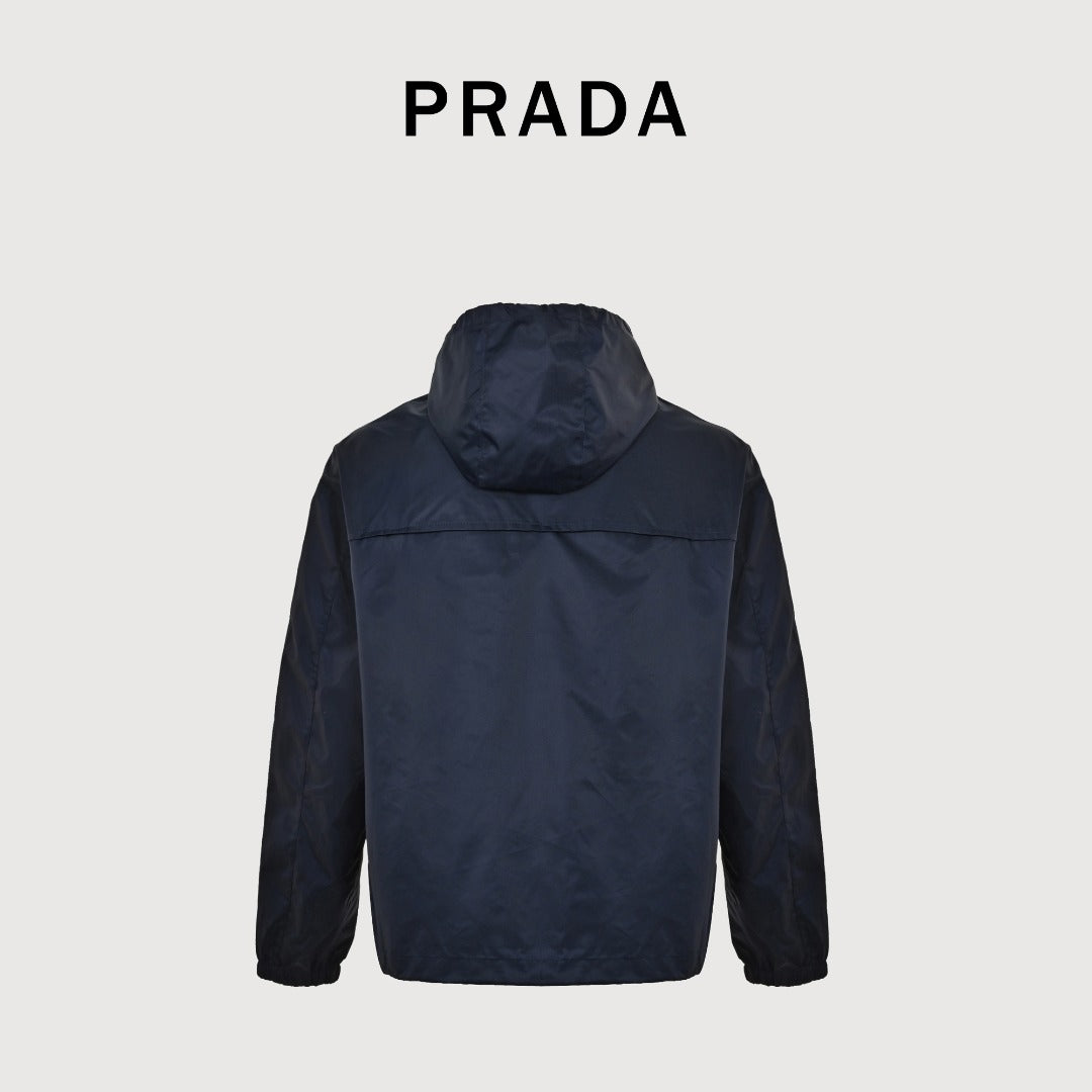 Prada PRD Two-Tone Triangle Logo Hooded Zip Jacket – Navy