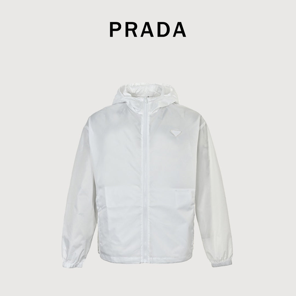 Prada PRD Two-Tone Triangle Logo Hooded Zip Jacket – White