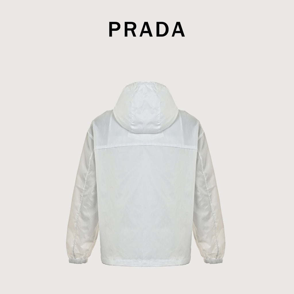 Prada PRD Two-Tone Triangle Logo Hooded Zip Jacket – White