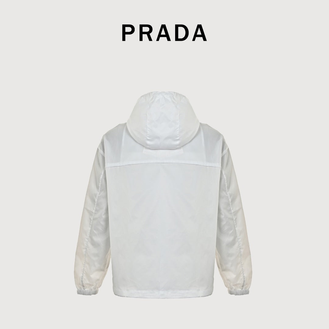 Prada PRD Two-Tone Triangle Logo Hooded Zip Jacket – White