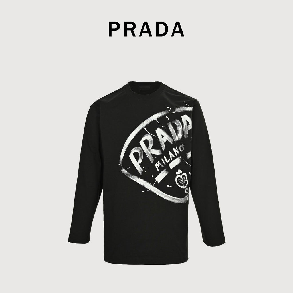 Prada 25FW Oversized Ink-Splash Logo Print Long-Sleeve T-Shirt – Black